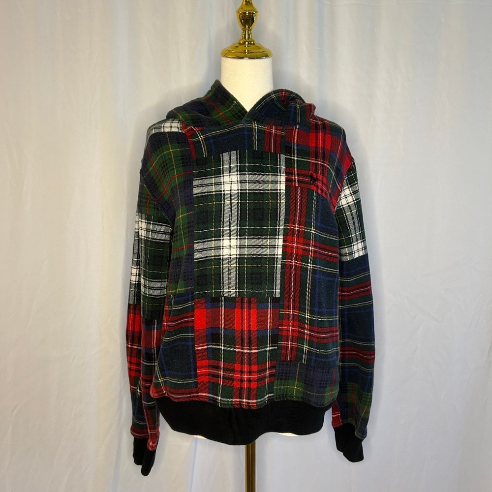 Polo‎ Ralph Lauren Patchwork Plaid Fleece Hoodie Sweatshirt Multi-Color Tartan